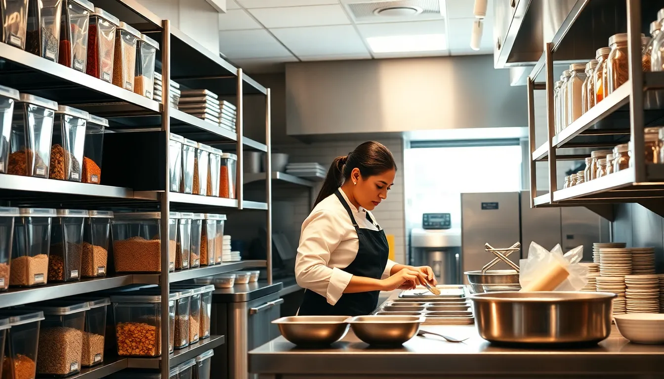 organized restaurant kitchen with storage containers and diverse staff.