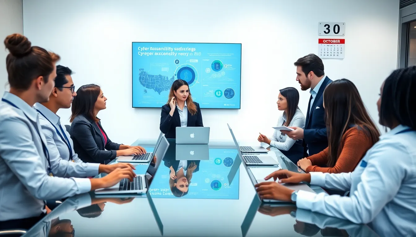 diverse cybersecurity team discussing strategies in a modern office.