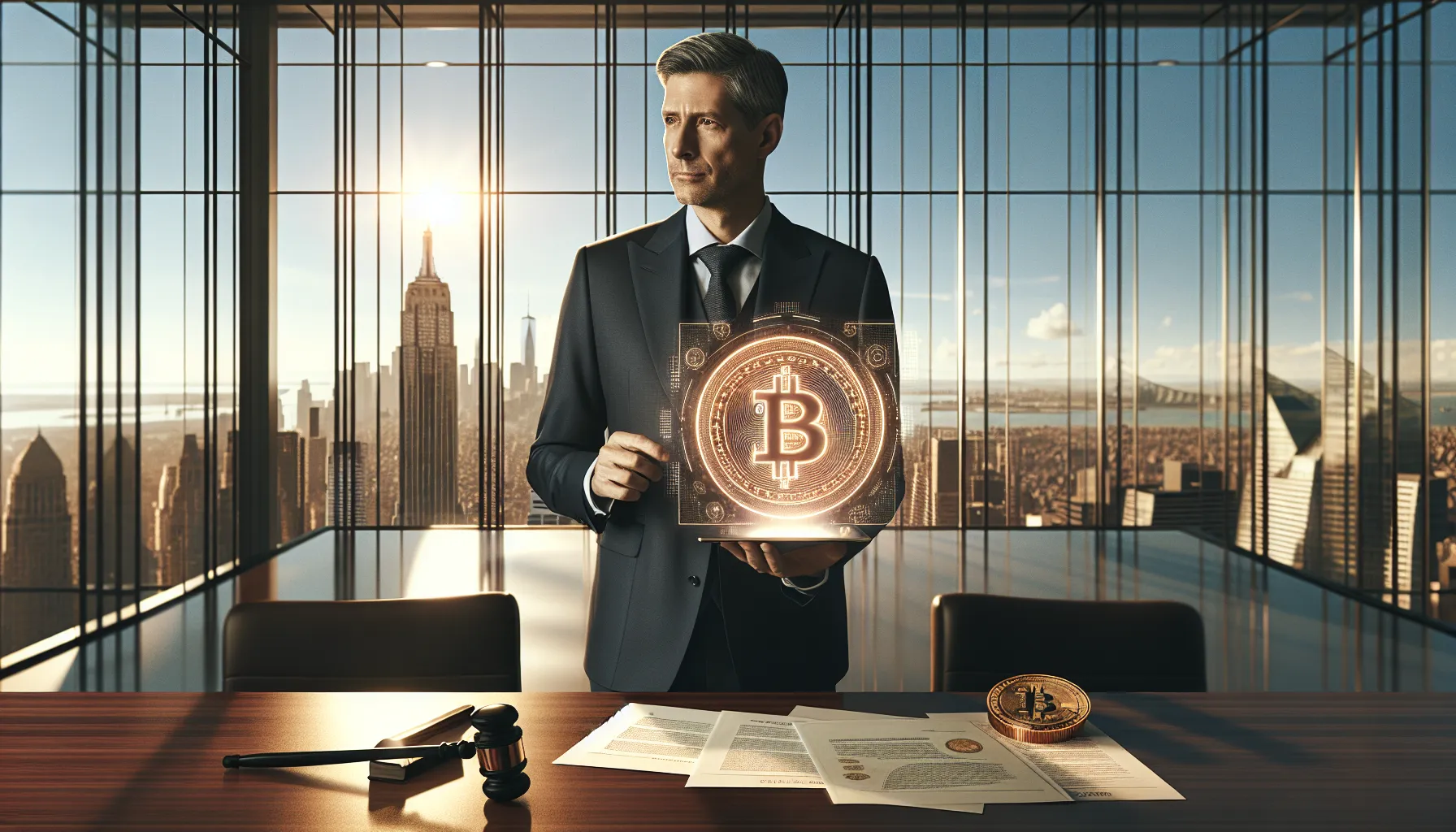 Bitcoin Regulation: What It Means for You 2 Businessman reviewing Bitcoin regulation documents on tablet in modern office with city skyline.