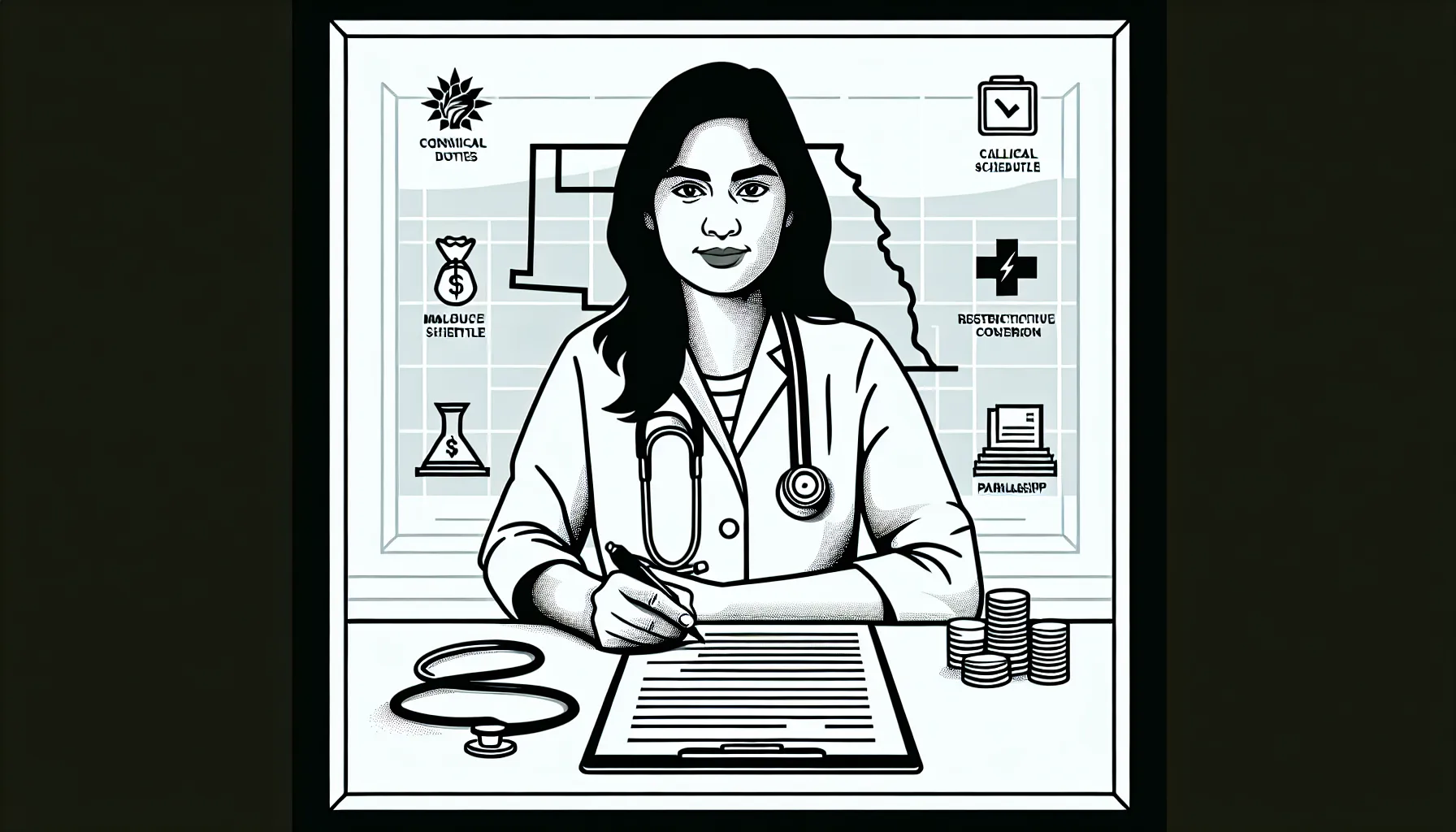 Veterinarian examining a contract with checklist and small Nebraska outline of Nebraska Veterinary Contract Review.