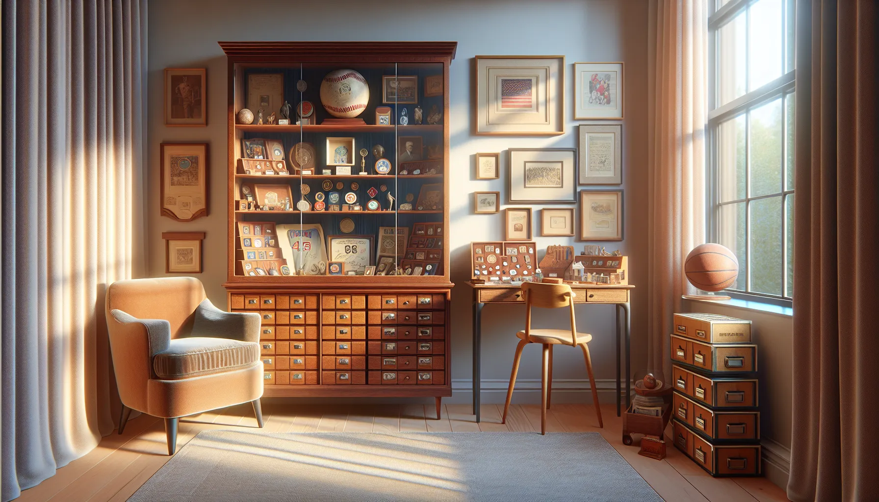 a display cabinet of memorabilia and souvenirs in a cozy room.