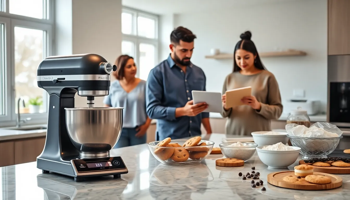 modern kitchen with diverse bakers using advanced baking tools.
