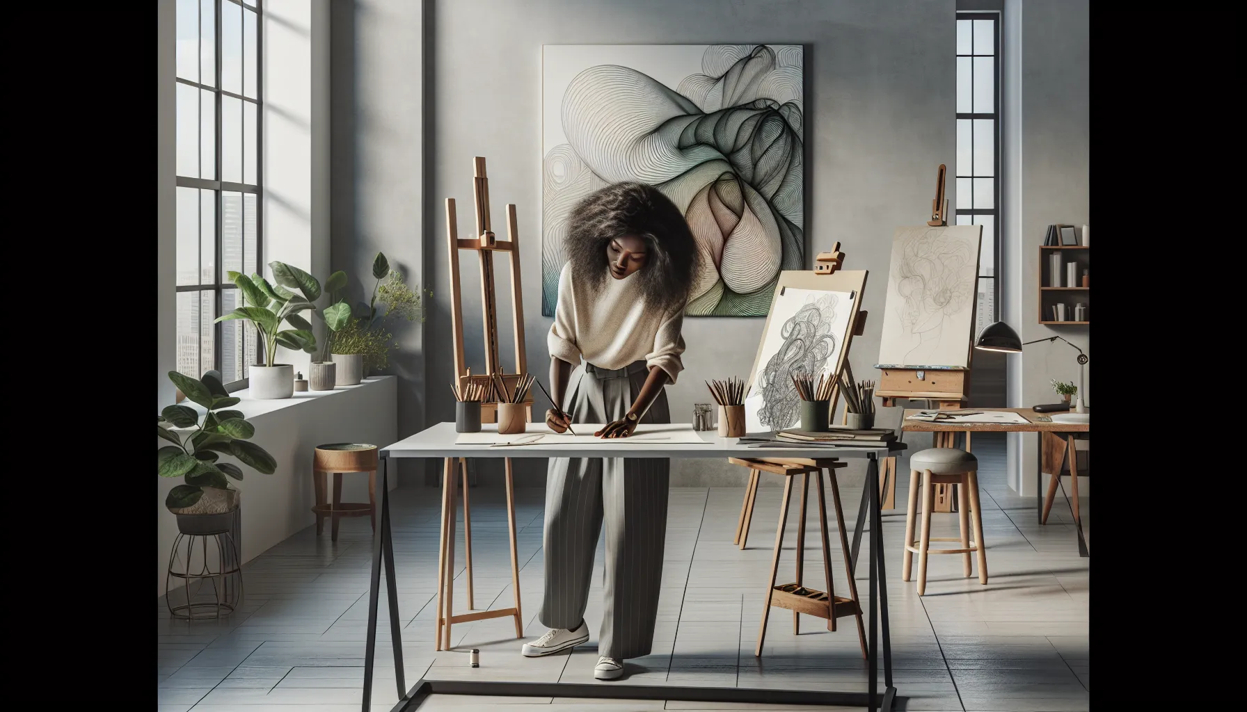 artist sketching outlines in a modern studio setting.