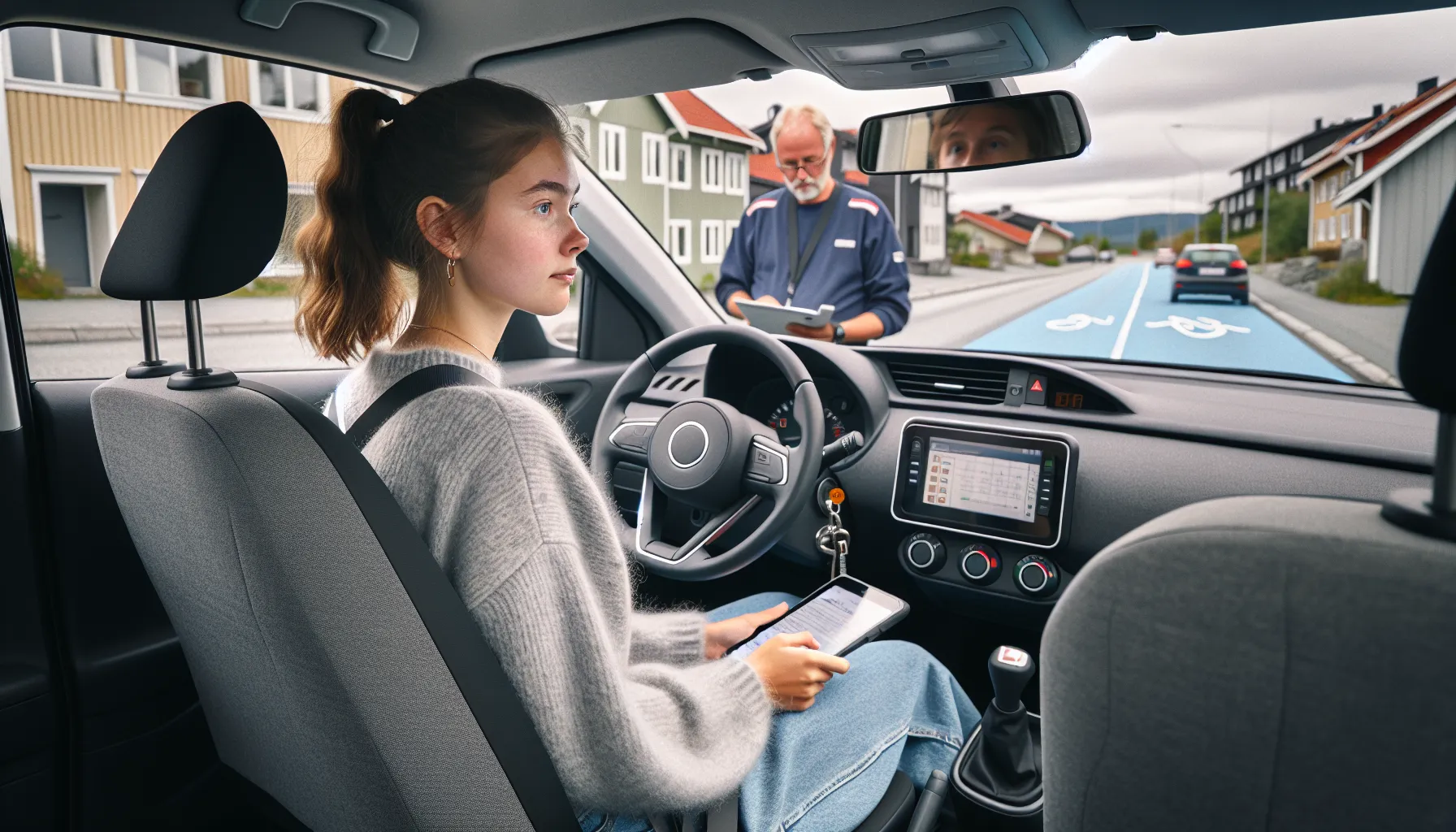 Calm norwegian driving candidate checks mirrors beside examiner in overcast daylight.