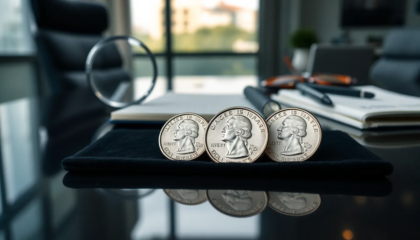 close-up of modern U.S. quarters on a velvet display.