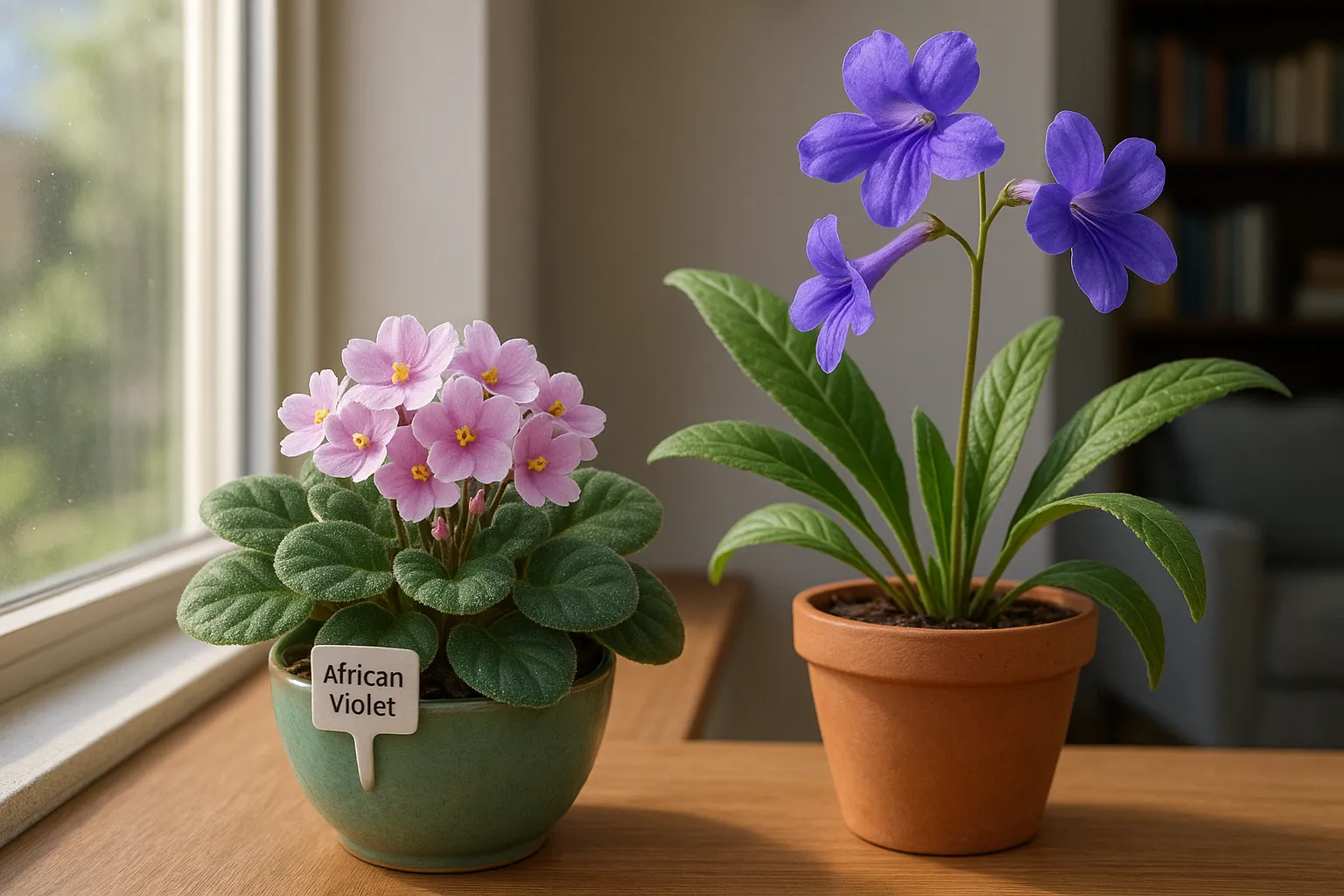 African violet rosette beside a larger Streptocarpus with trumpet-shaped flowers.