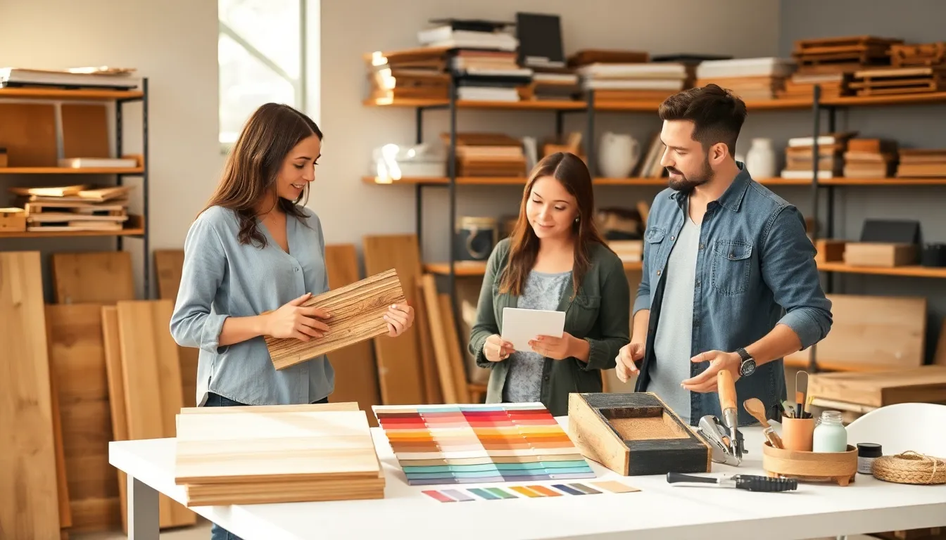 group choosing materials for DIY home projects in a modern workspace.