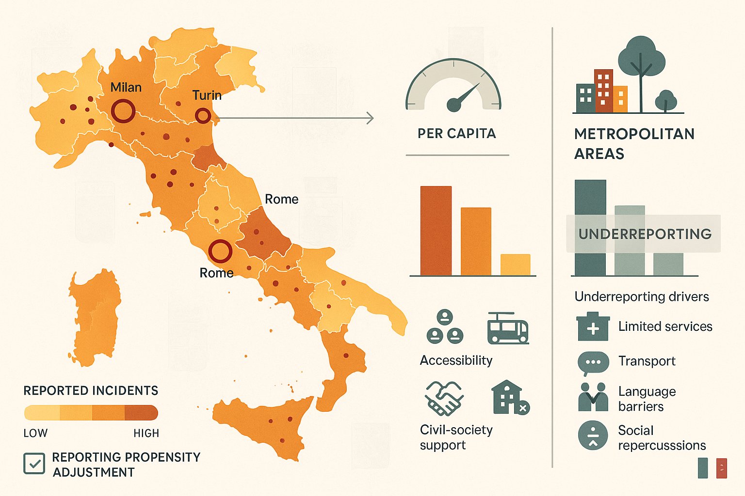 Mappa e grafico affiancato che confronta segnalazioni di discriminazione urbana e rurale in Italia.