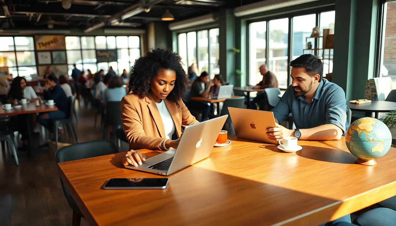 diverse digital nomads working in a lively caf&eacute; setting.