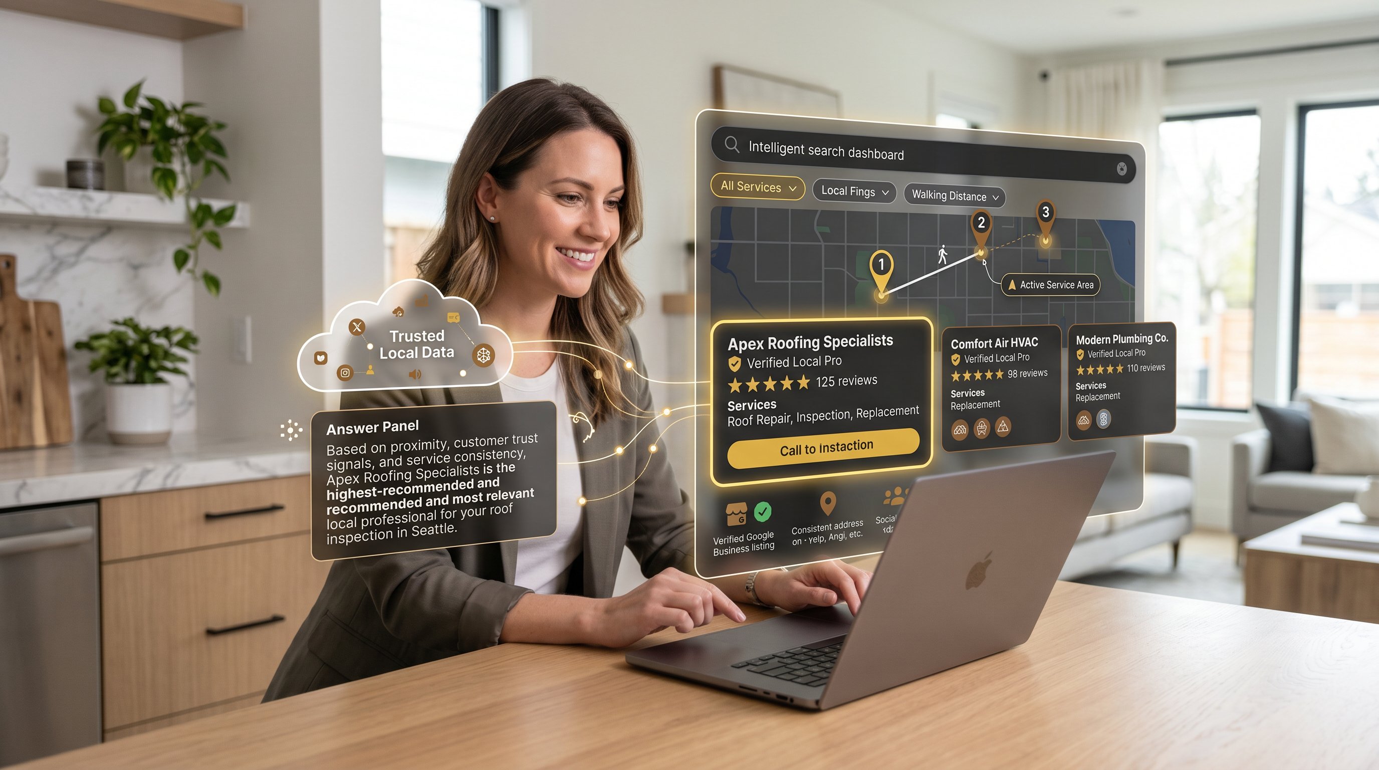 Homeowner viewing AI search results for trusted local service companies.