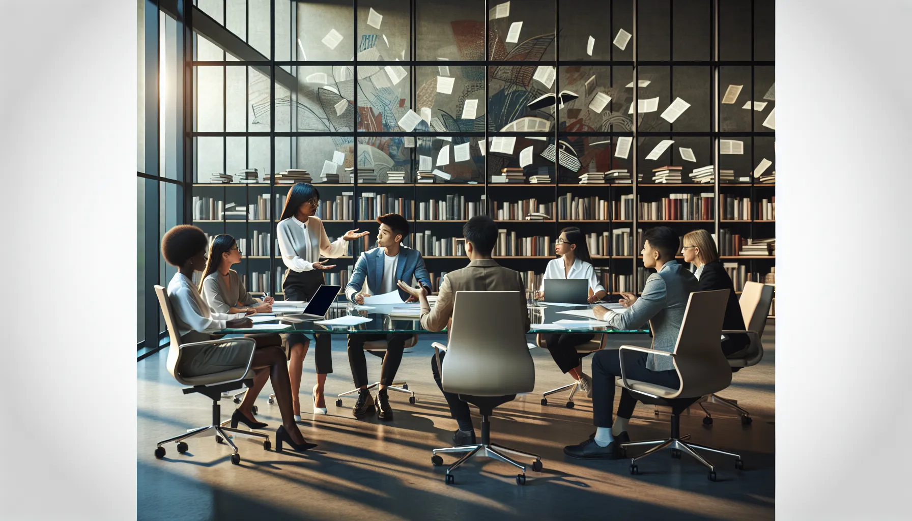 diverse professionals discussing concepts in a modern academic office.
