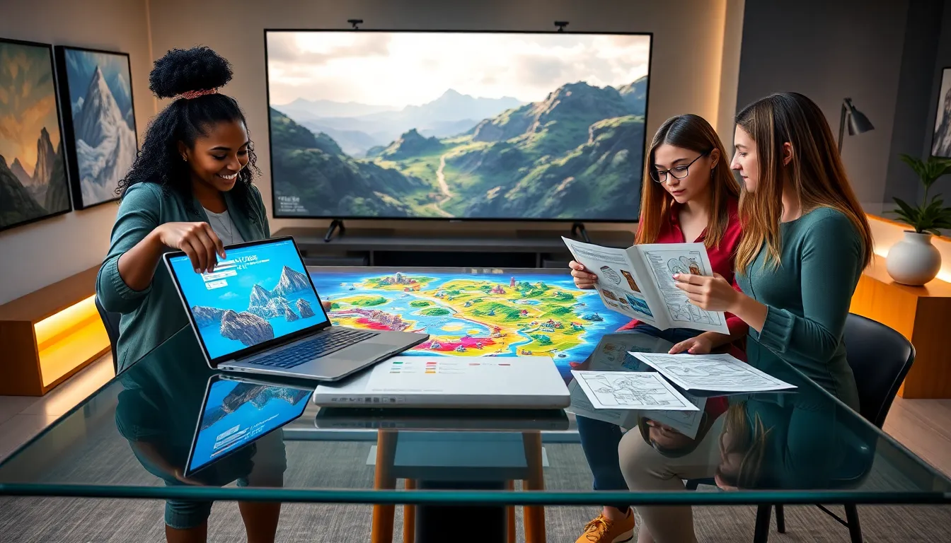 diverse team discussing Zelda DLC features in a modern office.