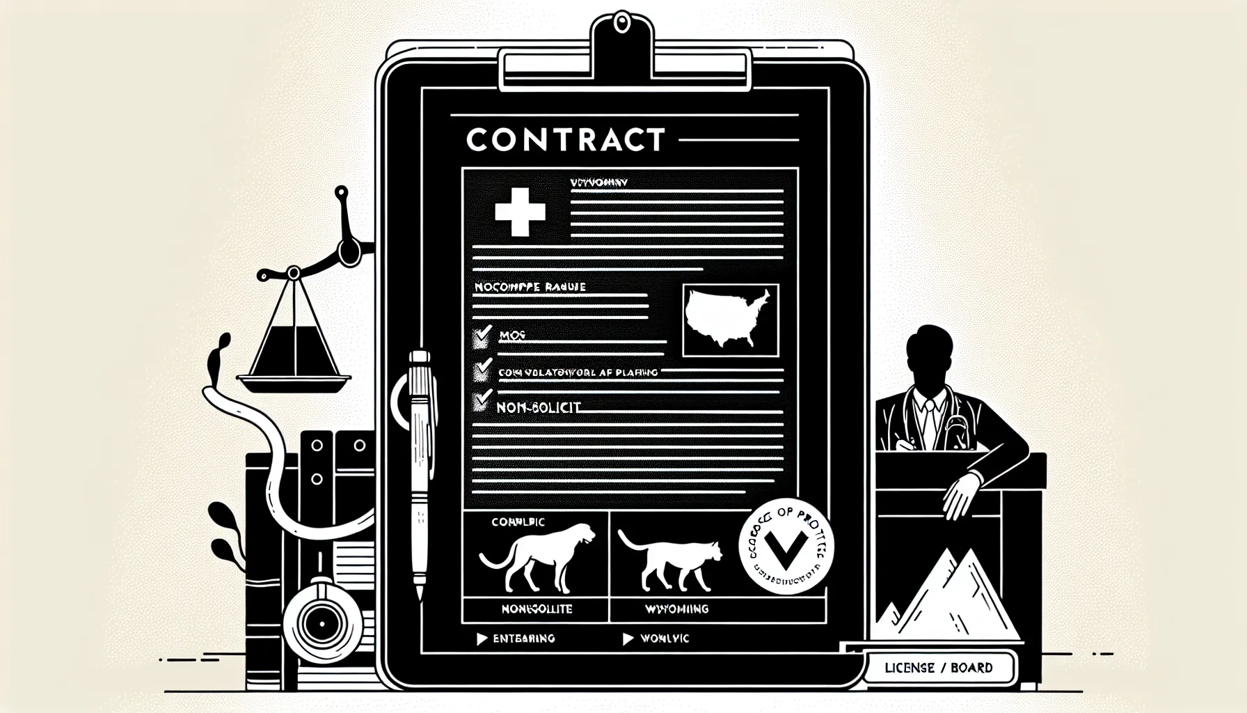 Veterinarian reviewing a contract with Wyoming map, justice scale, and license badge of Wyoming Veterinary Contract Review.