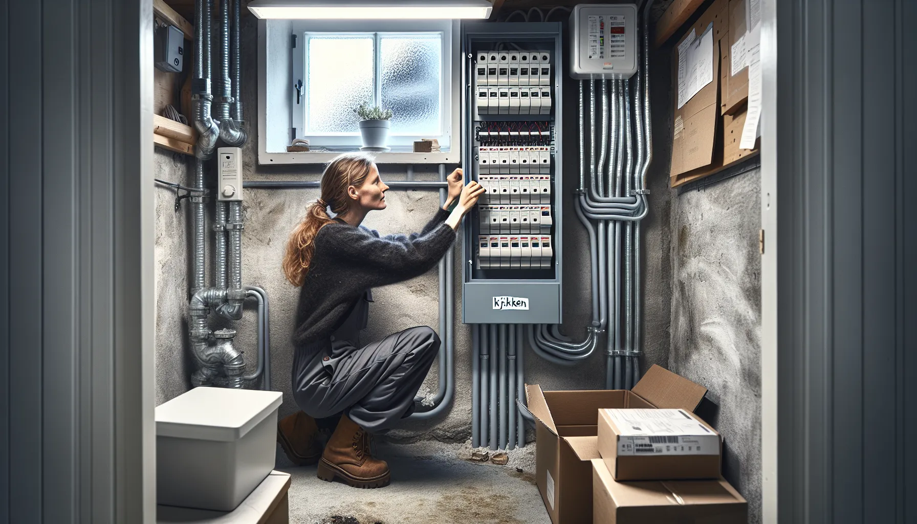 Norwegian homeowner labeling an electrical panel in a tidy utility room.