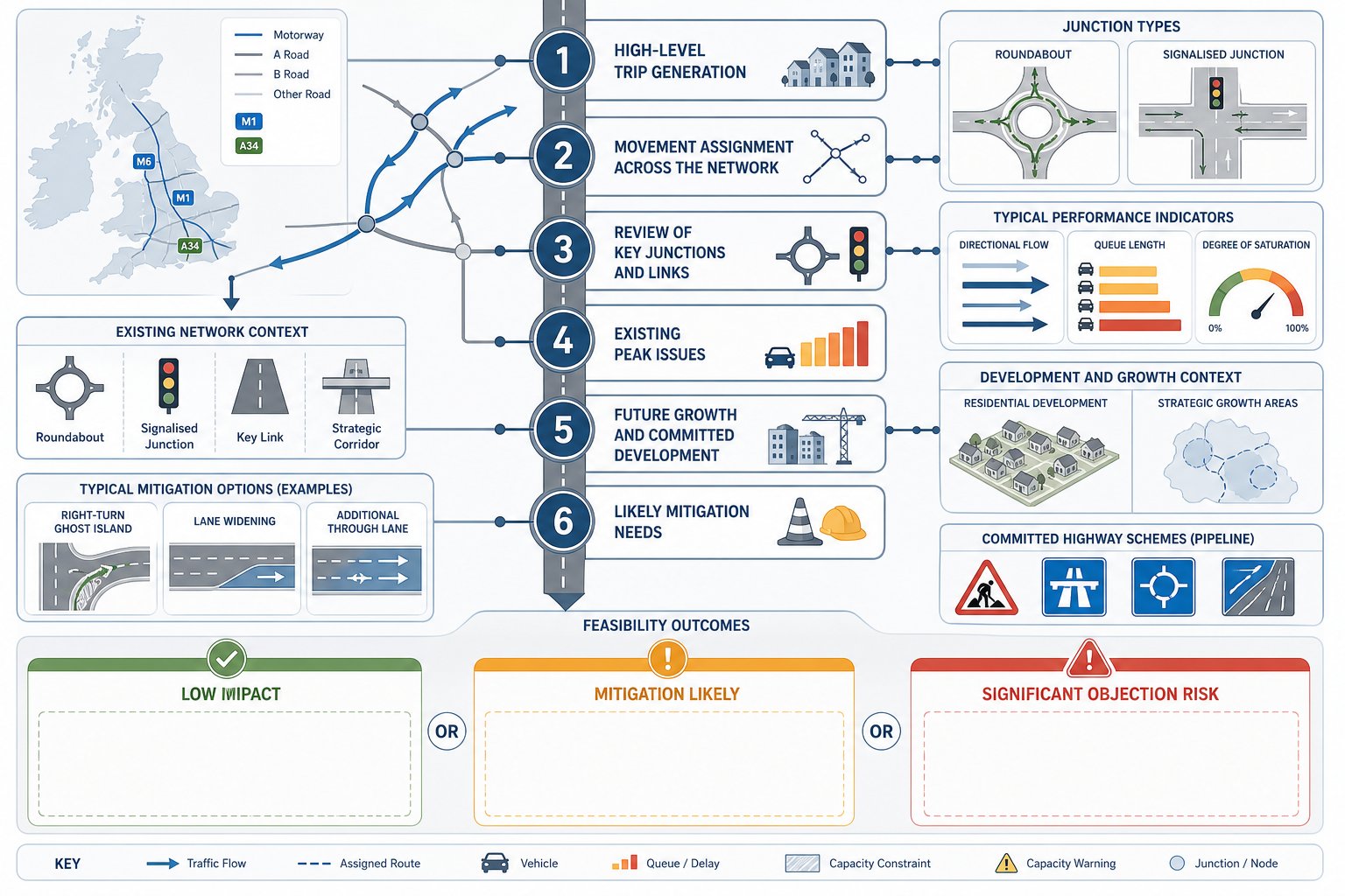 Infographic showing UK traffic impact assessment steps for a highway feasibility study.