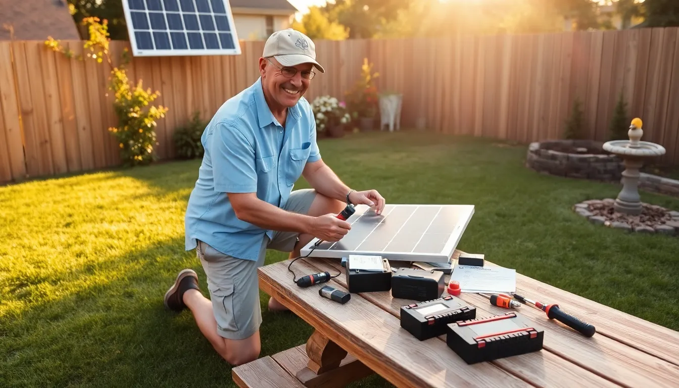 A man installing solar panels in his backyard as part of a DIY project.