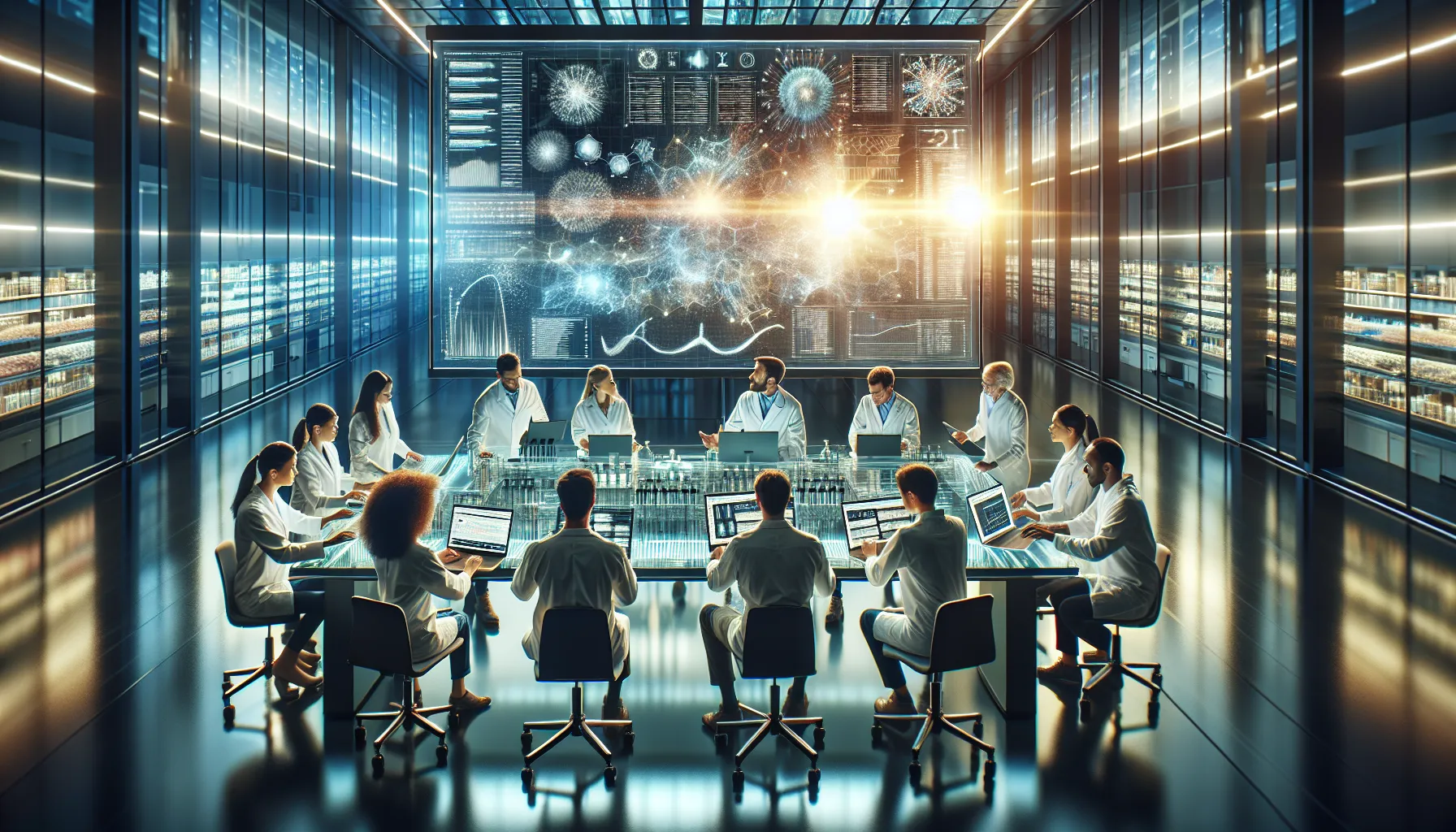 diverse scientists collaborating in a modern research lab.