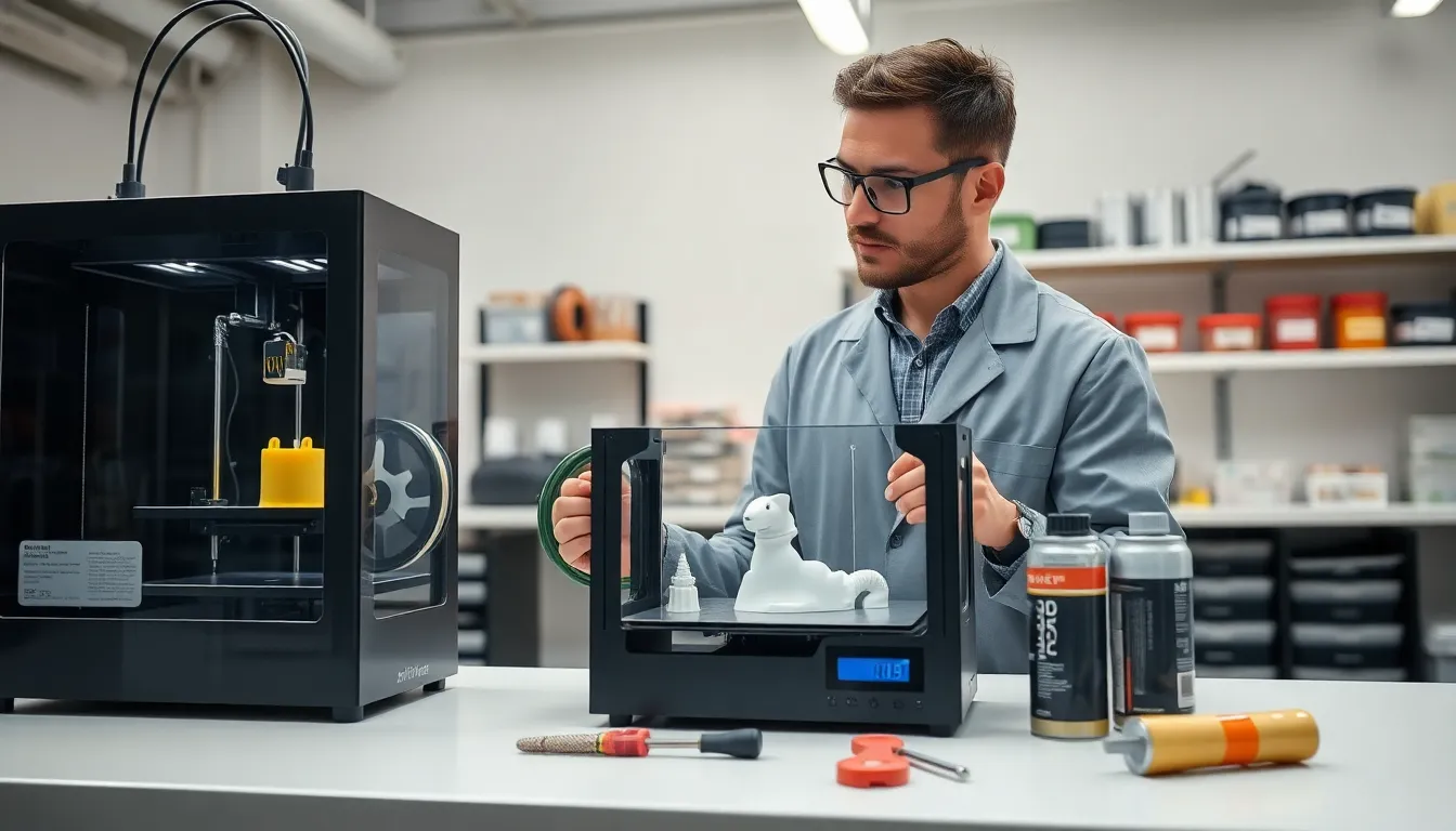 technician examining a 3D printer in a modern office.