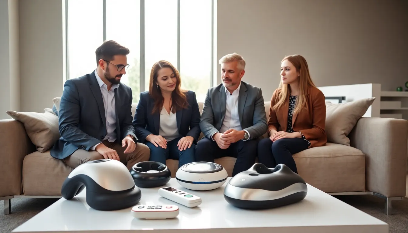 professionals discussing various massage gadgets in a modern living room.