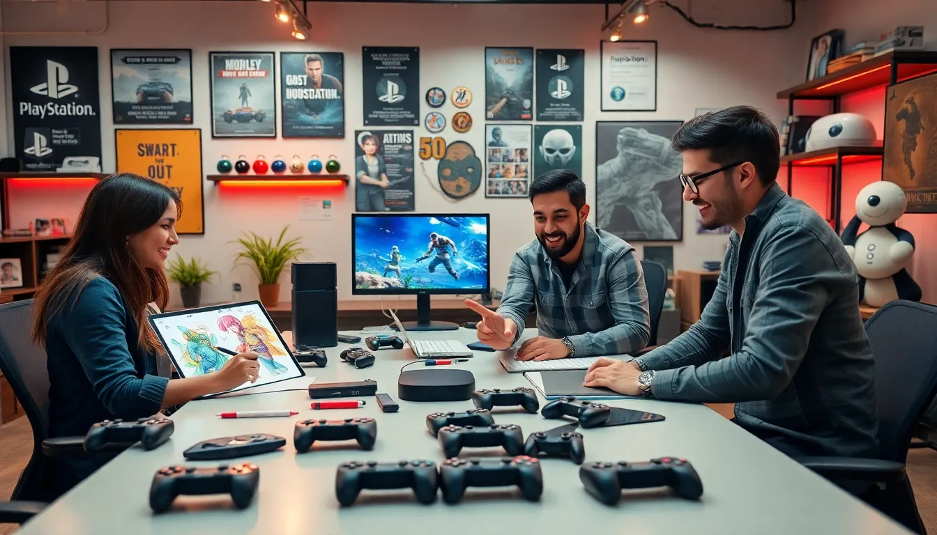 A diverse team of developers collaborating in a vibrant gaming studio.