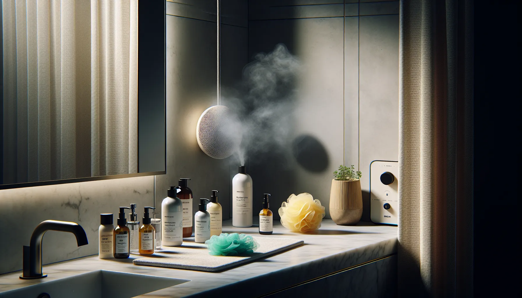 modern bathroom with shampoo, body wash, and relaxing ambiance.