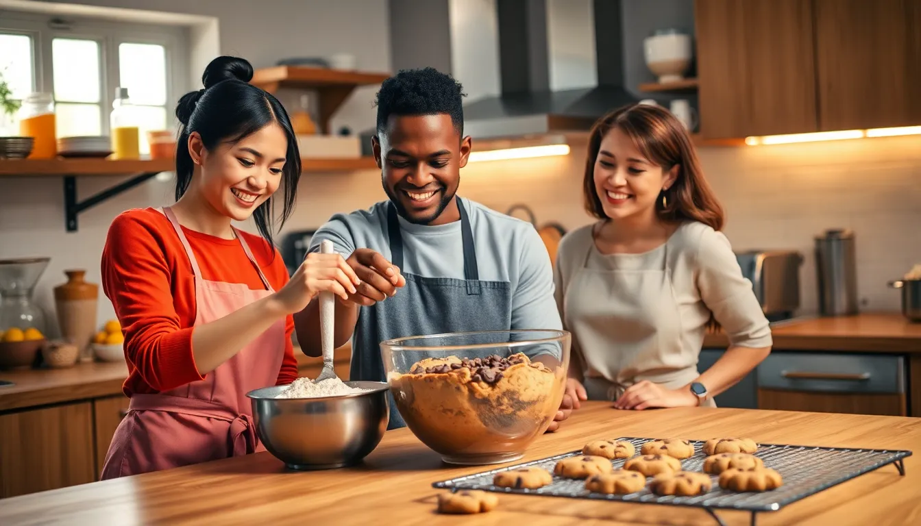 diverse bakers preparing cookies in a cozy kitchen.