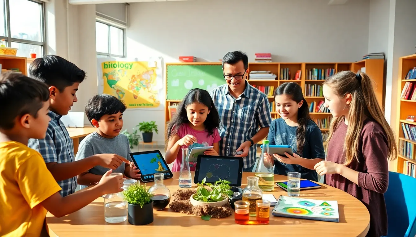 Students collaborating on a science project in a bright classroom.
