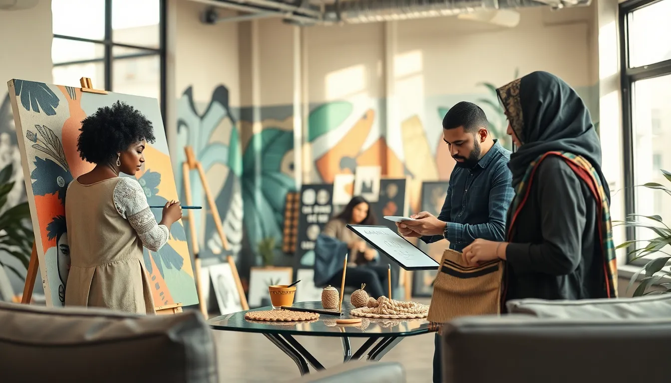 diverse artists collaborating in a modern workspace on creative projects.