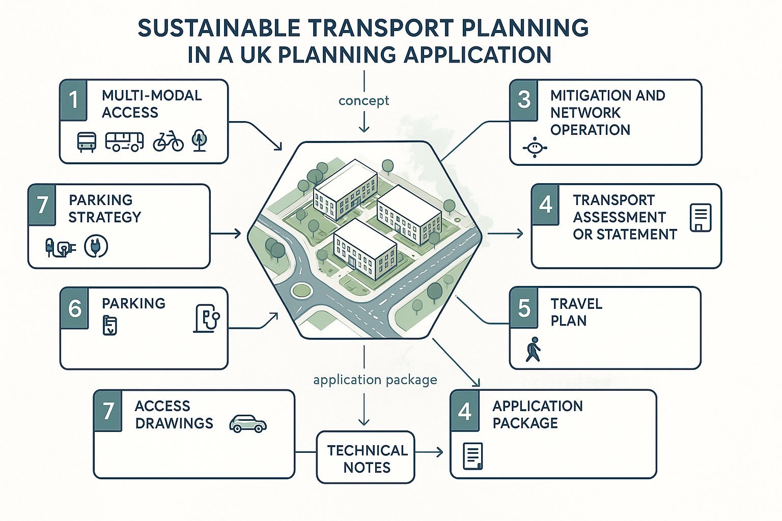 UK planning infographic showing integrated sustainable transport planning elements around a development site.