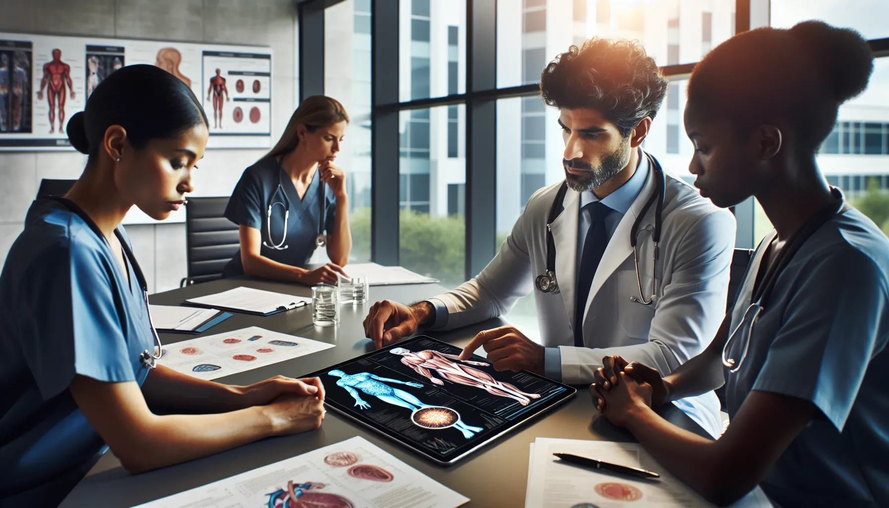 diverse medical team discussing trattsjuka in a modern healthcare office.
