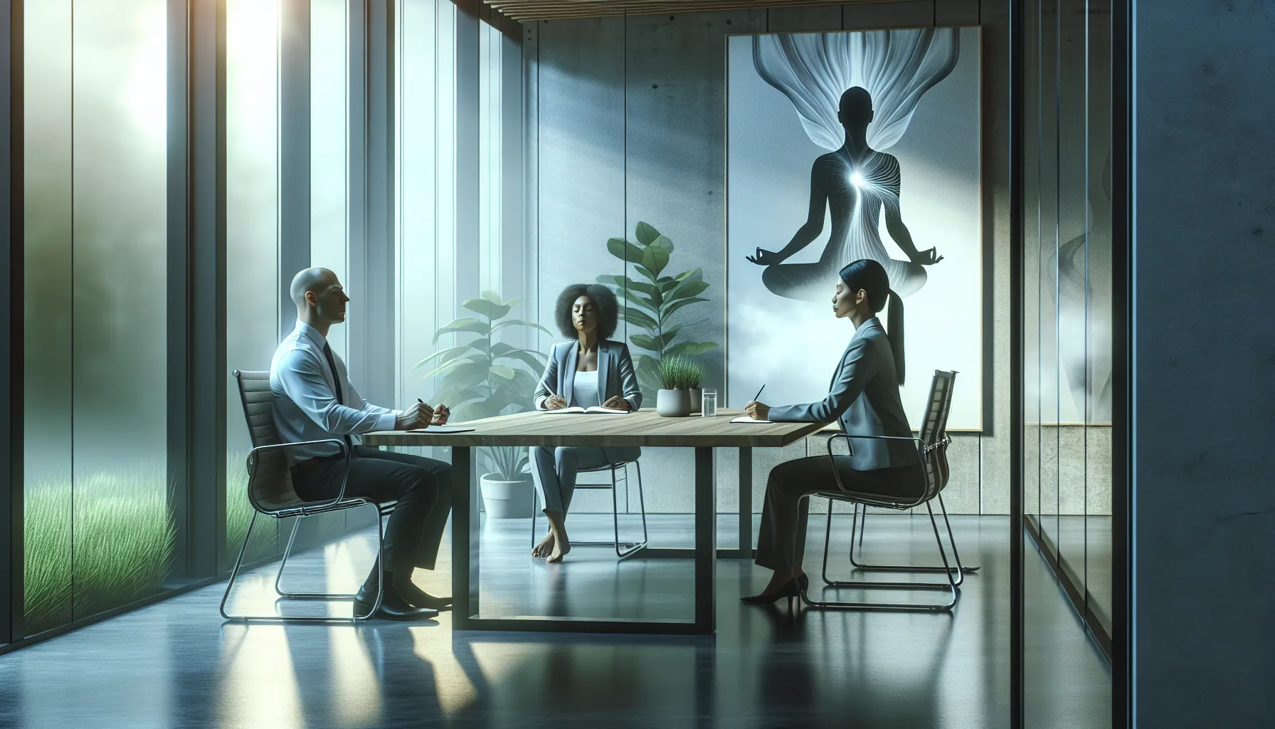 diverse professionals practicing mindfulness in a modern office setting.