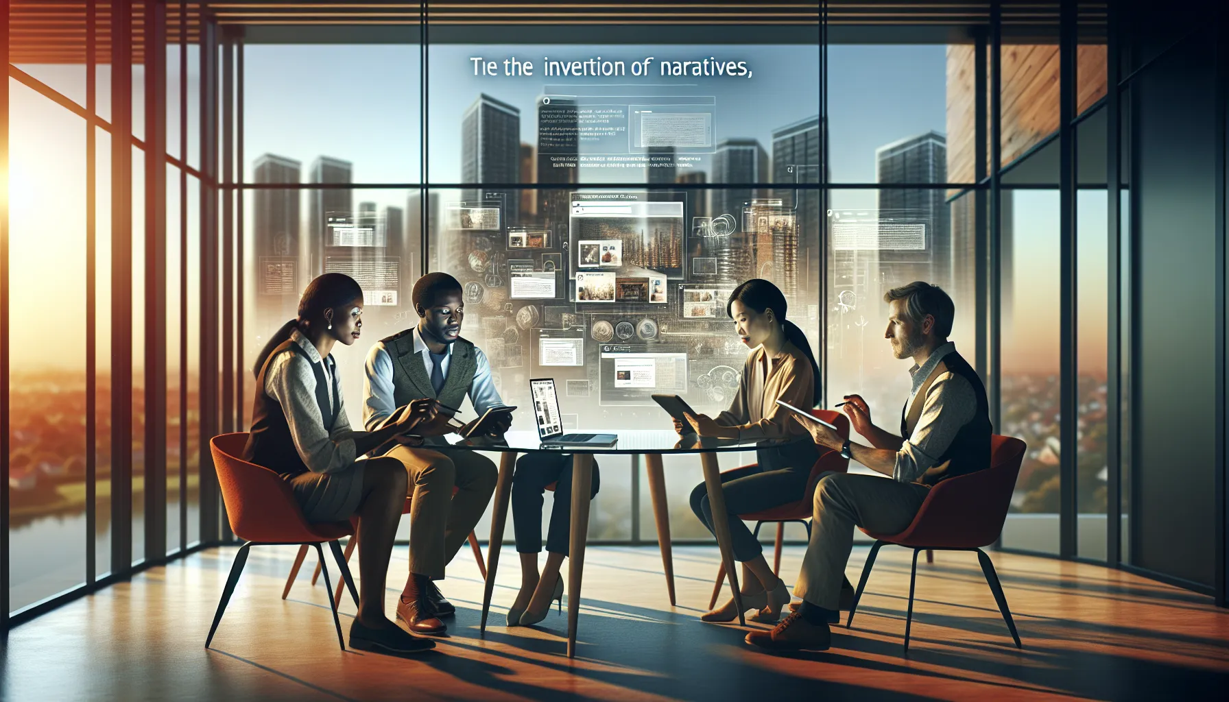 diverse team collaborating on storytelling in a modern office.