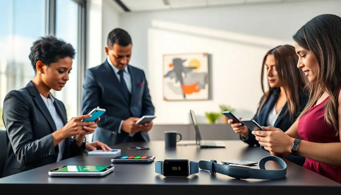 diverse team discussing the latest smartphones and wearable gadgets.