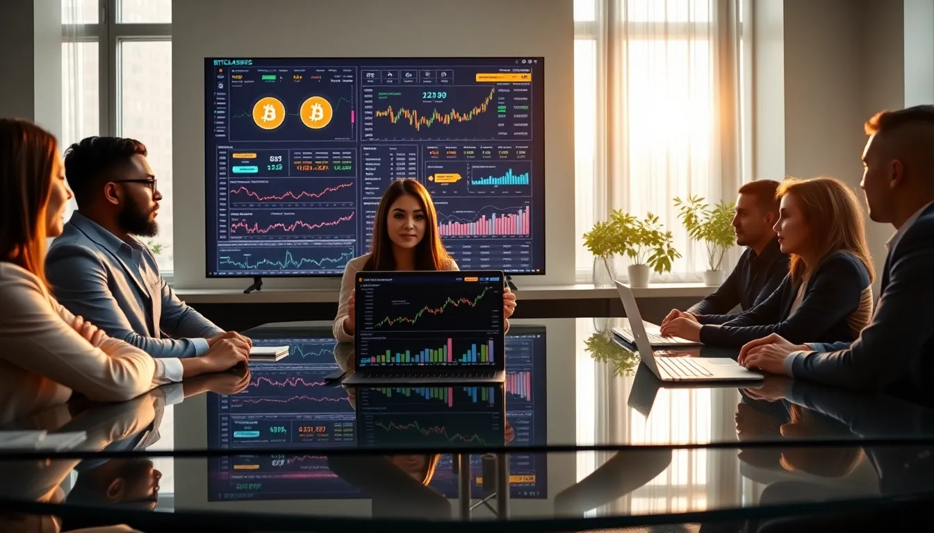 diverse team discussing cryptocurrency in a modern office.