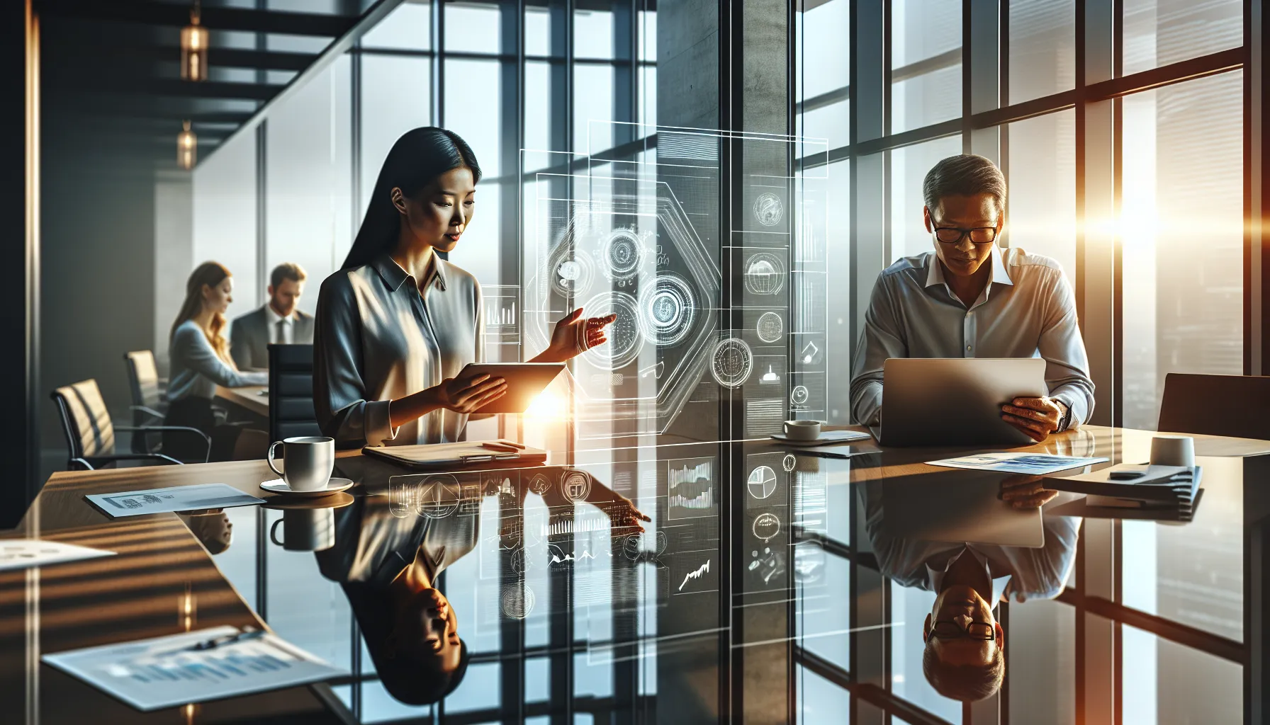 diverse team collaborating with technology in a modern office.