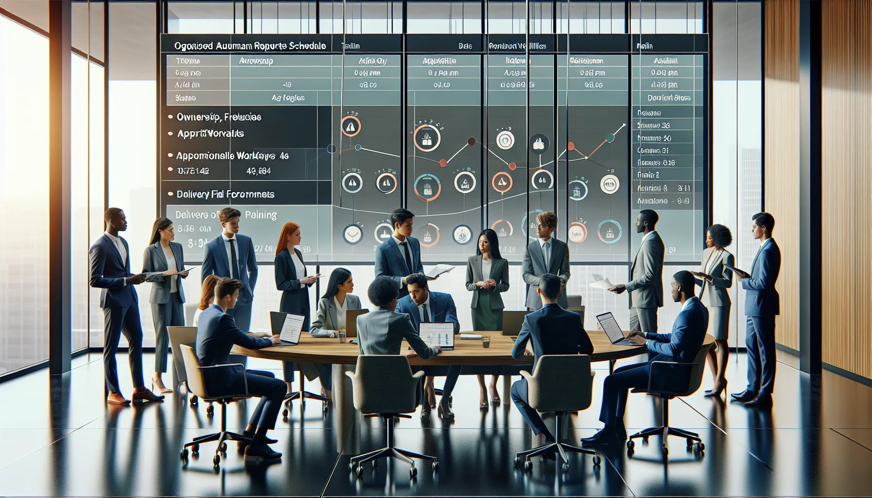 Business team planning Power BI scheduled reports on a large screen in a modern office.