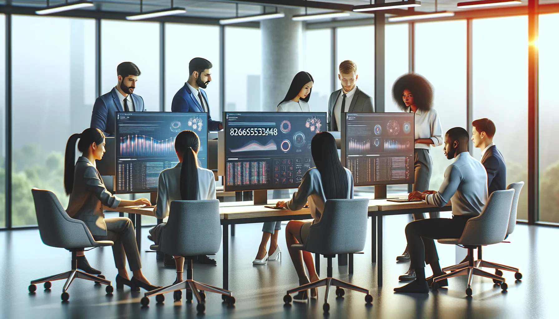 diverse professionals collaborating around computers in a modern office.