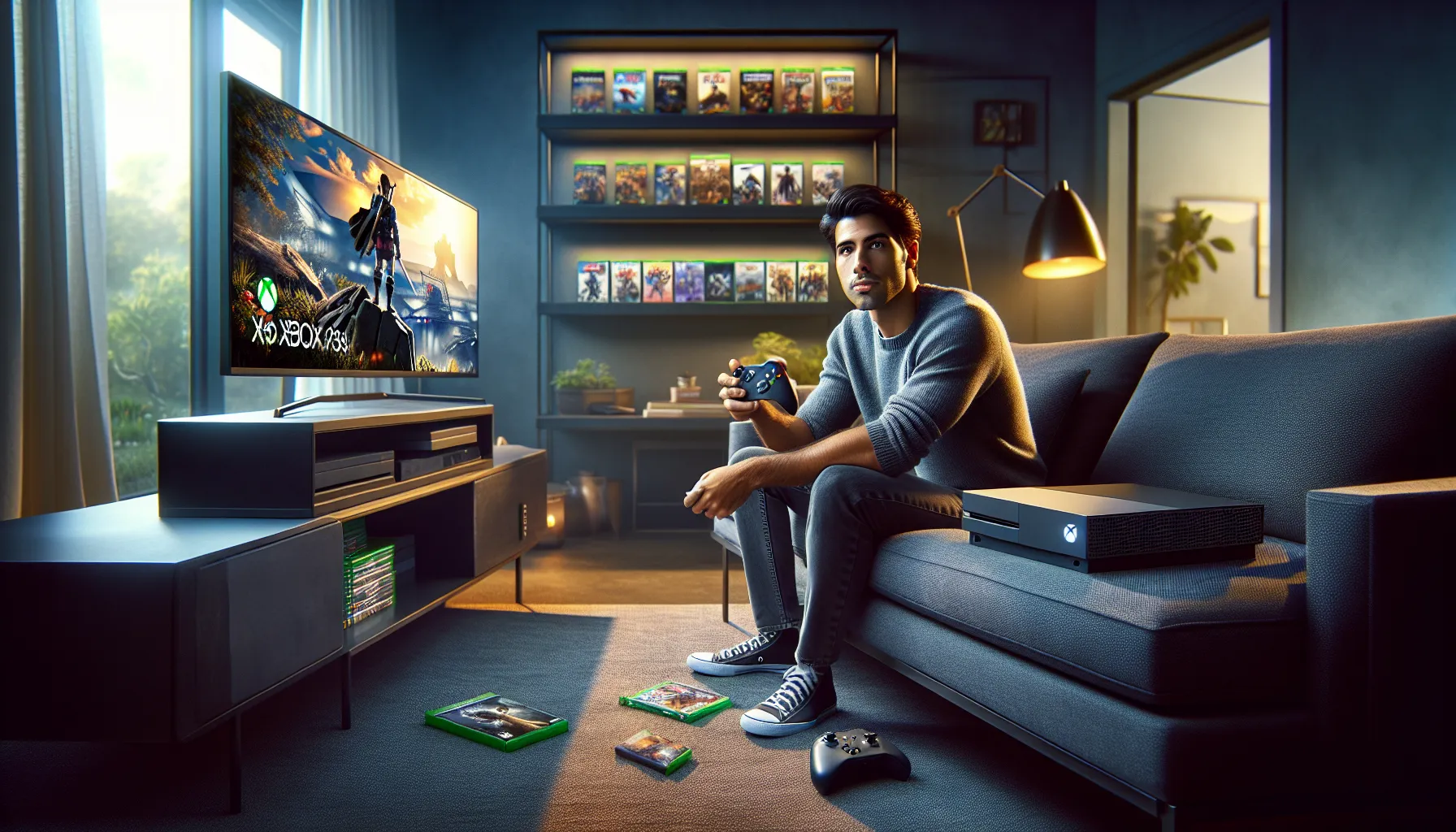 A young man gaming with an Xbox controller in a cozy living room.