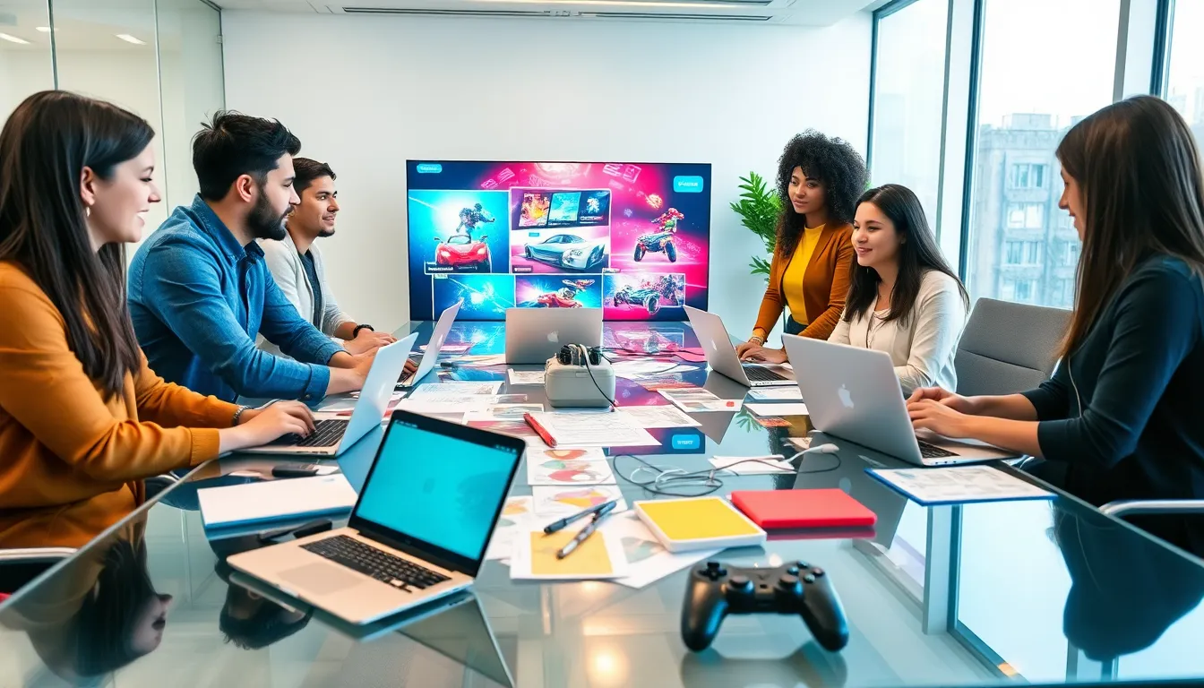 diverse team collaborating on video game design in a modern office.