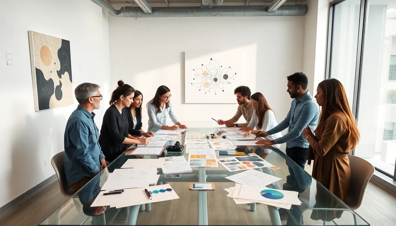 designers collaborating in a modern workspace on design concepts.