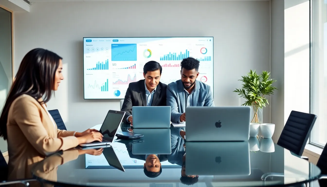 diverse marketing team collaborating on digital martech tools in an office.