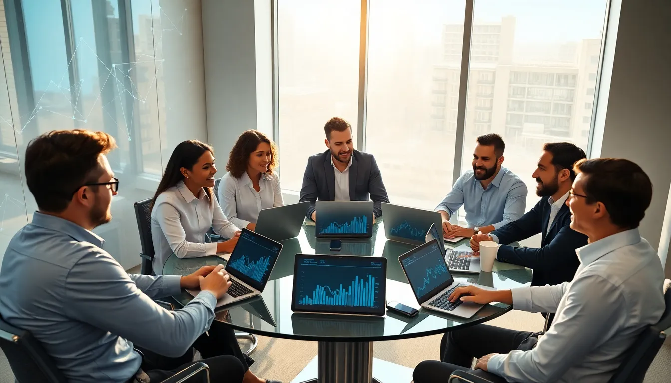 diverse team discussing blockchain staking in a modern office.