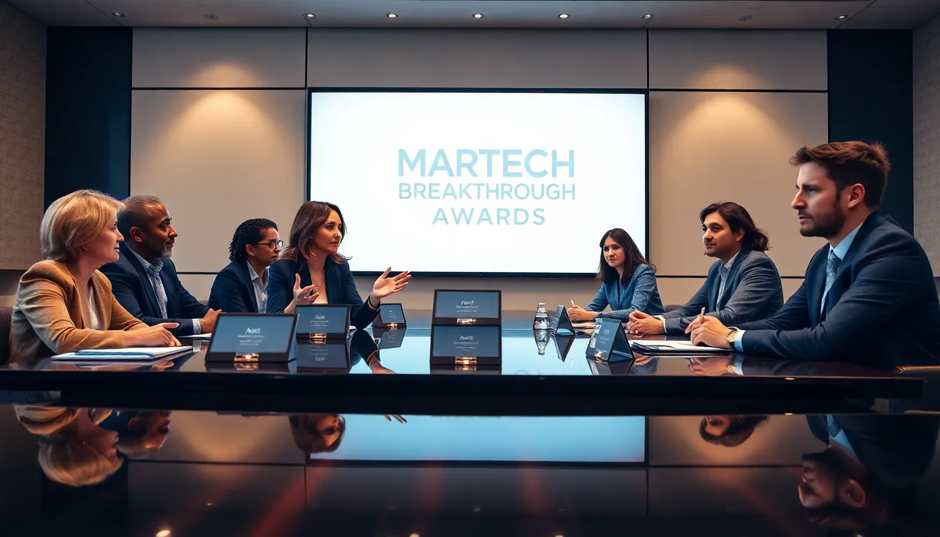 diverse panel discussing the Martech Breakthrough Awards in a modern conference room.