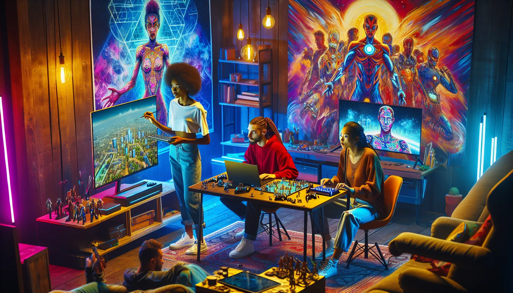 diverse gamers enjoying creative gameplay in a modern gaming environment.