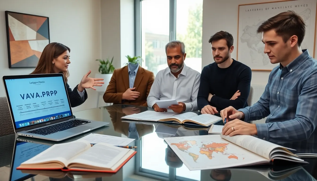 diverse linguists discussing the etymology of швагрр in a modern office.