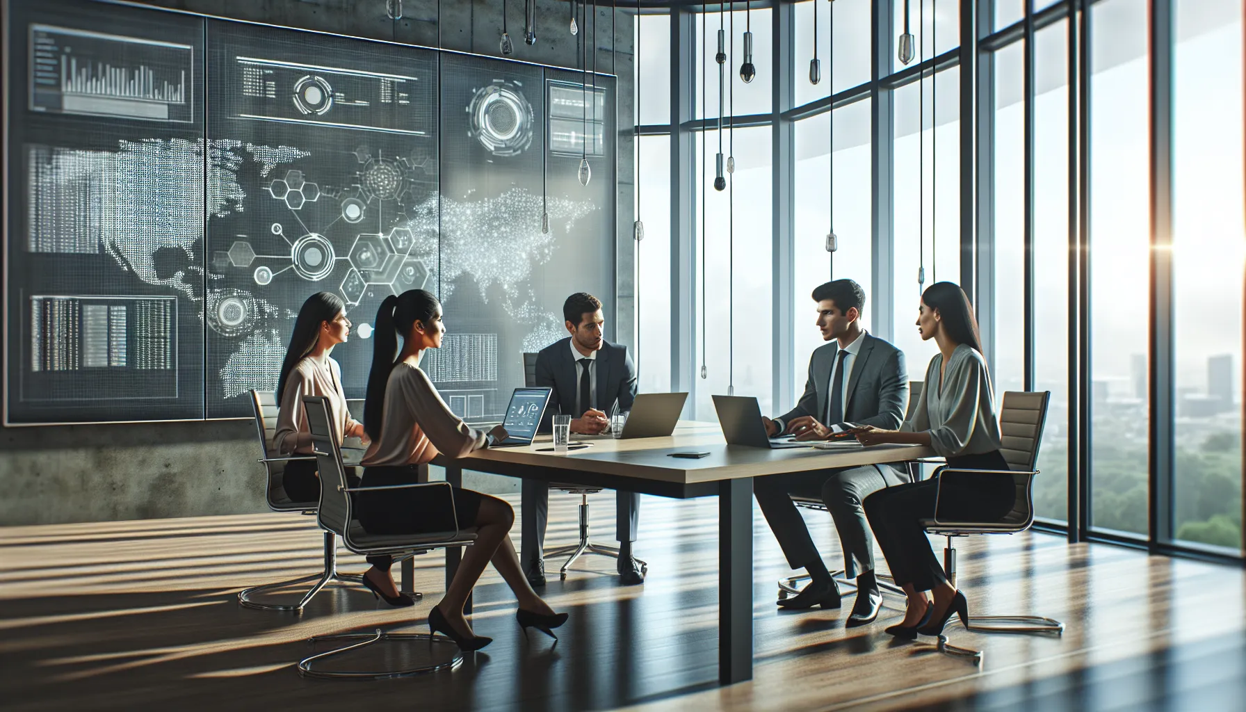 diverse team discussing technology applications in a modern office.