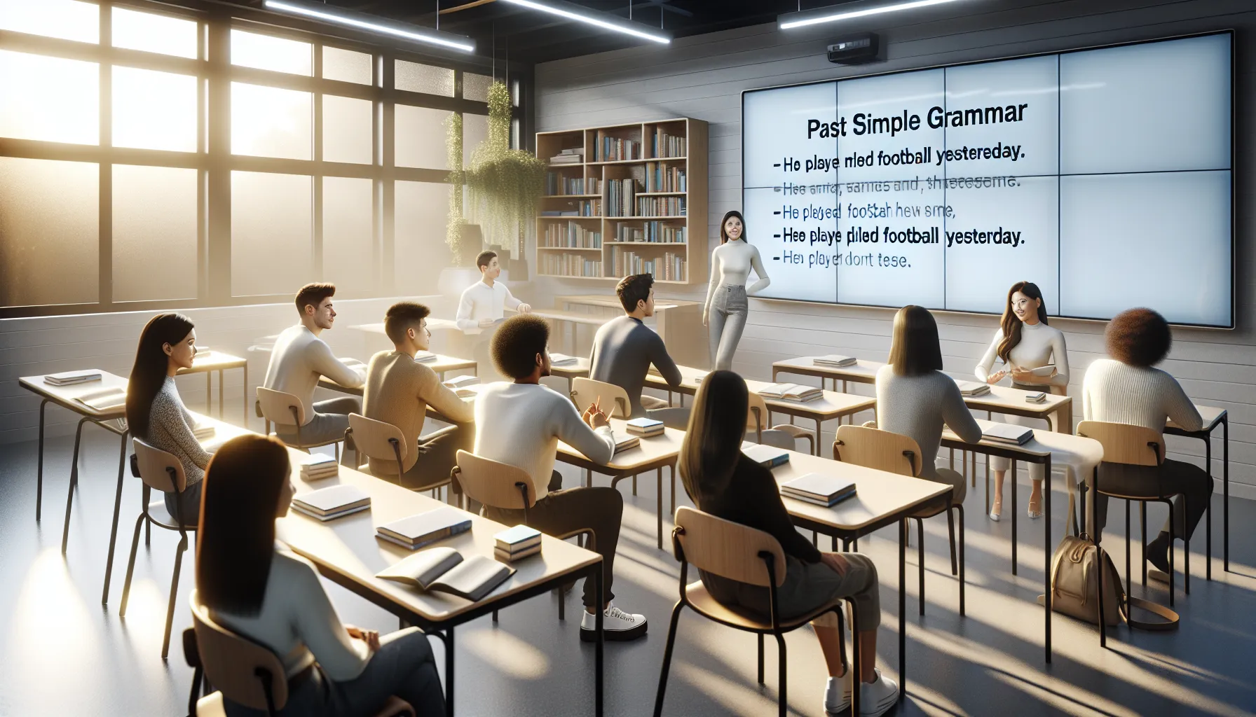 Students learning English grammar in a modern classroom setting.