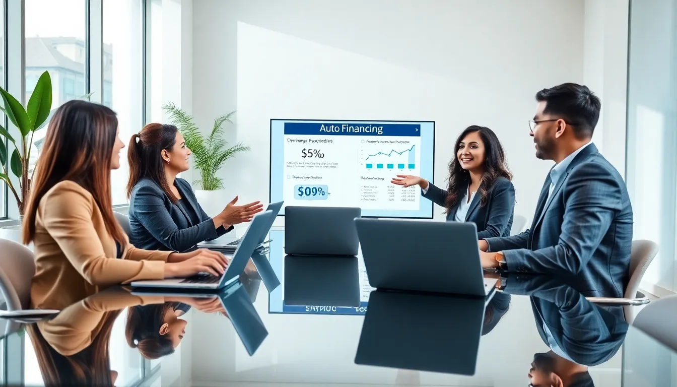 diverse professionals discussing car financing in a modern office setting.