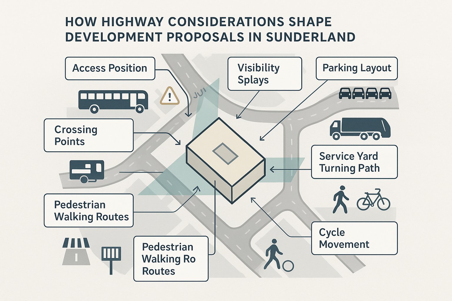 Infographic of site layout shaped by roads, parking, access and walking links.