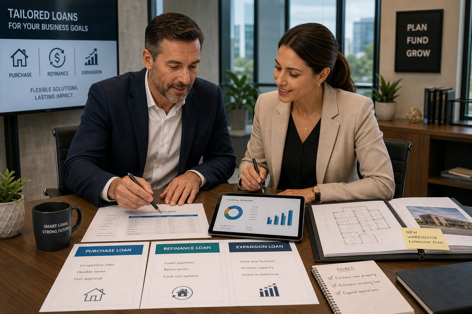 Finance meeting comparing multiple commercial borrowing options in a modern office.